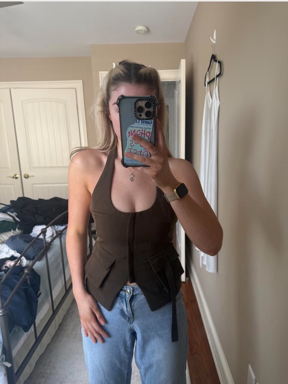 Zara Forest green-brown khaki halter top with pocket, tie detail & front zip